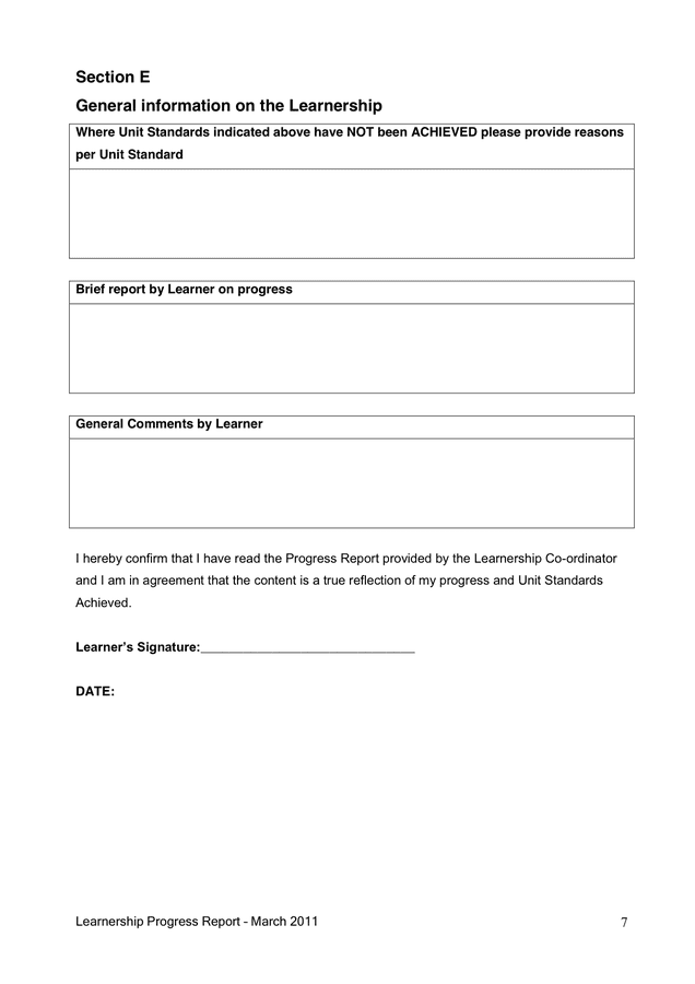 LEARNERSHIP AGREEMENT PROGRESS REPORT in Word and Pdf formats - page 7 of 9