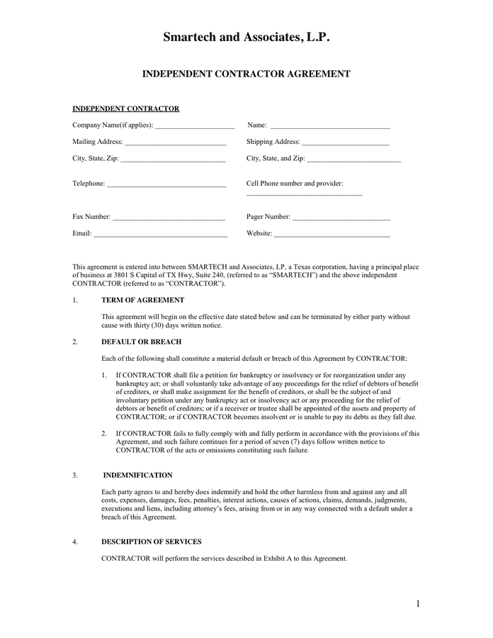 Independent Contractor Agreement - download free documents for PDF ...