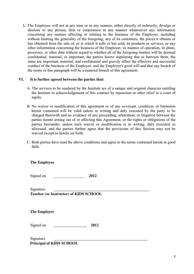 Employment Agreement In Word And Pdf Formats - Page 5 Of 5