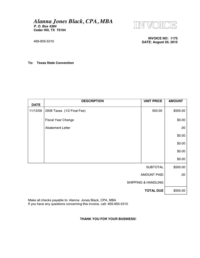 Invoice in Word and Pdf formats