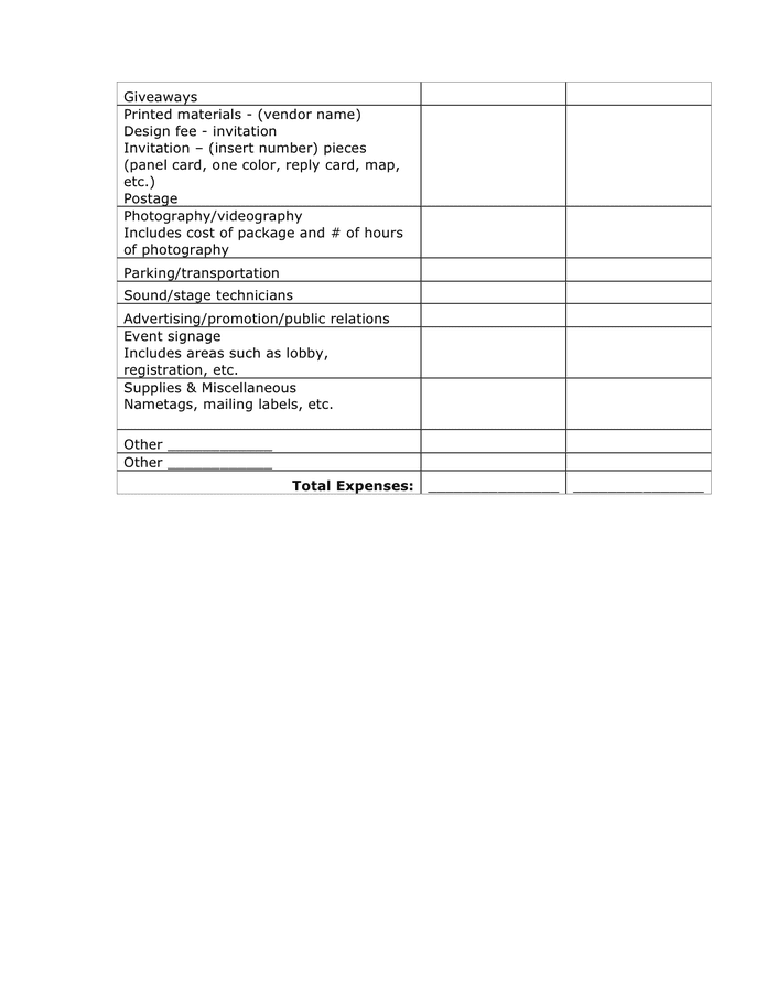 Sample budget & expense form in Word and Pdf formats - page 2 of 2