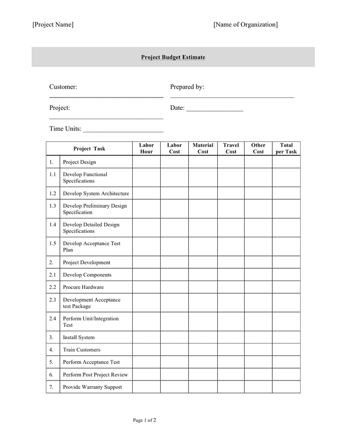 Budget estimate template page 1