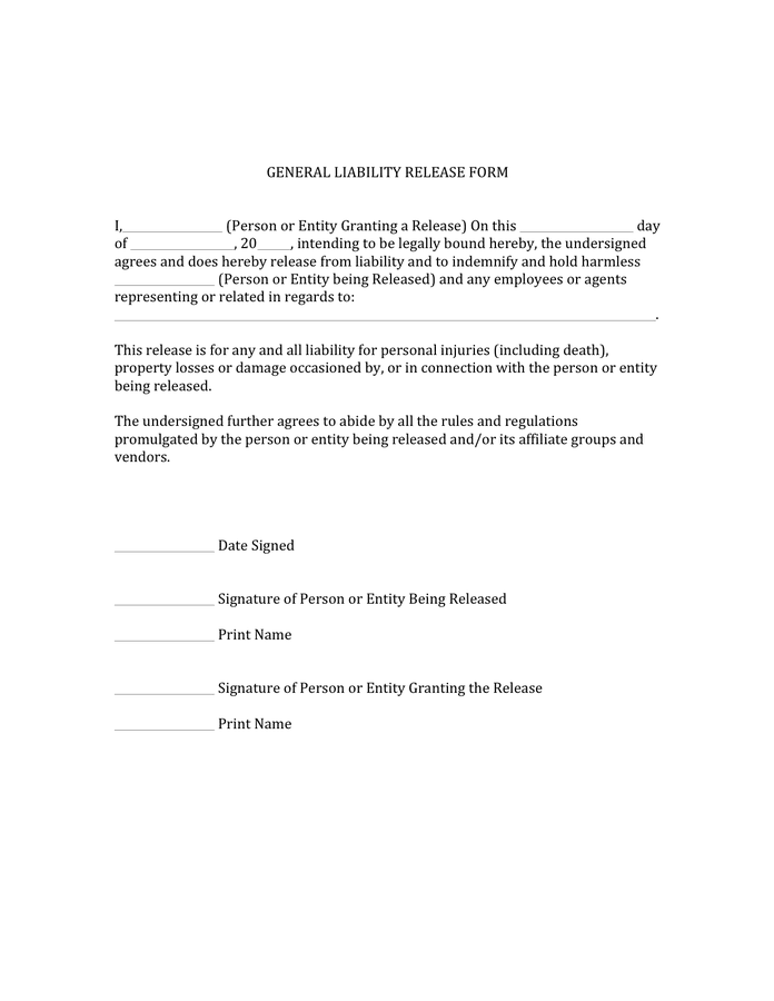 General liability release form preview