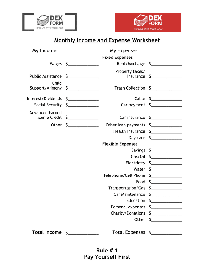 Monthly income and expense worksheet page 1
