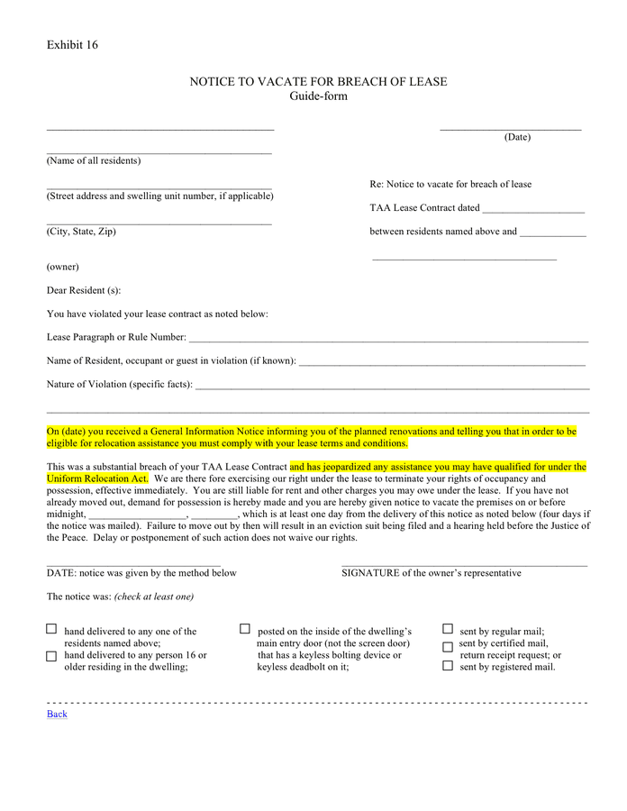 Notice to vacate for non-delinquency breach of lease page 1