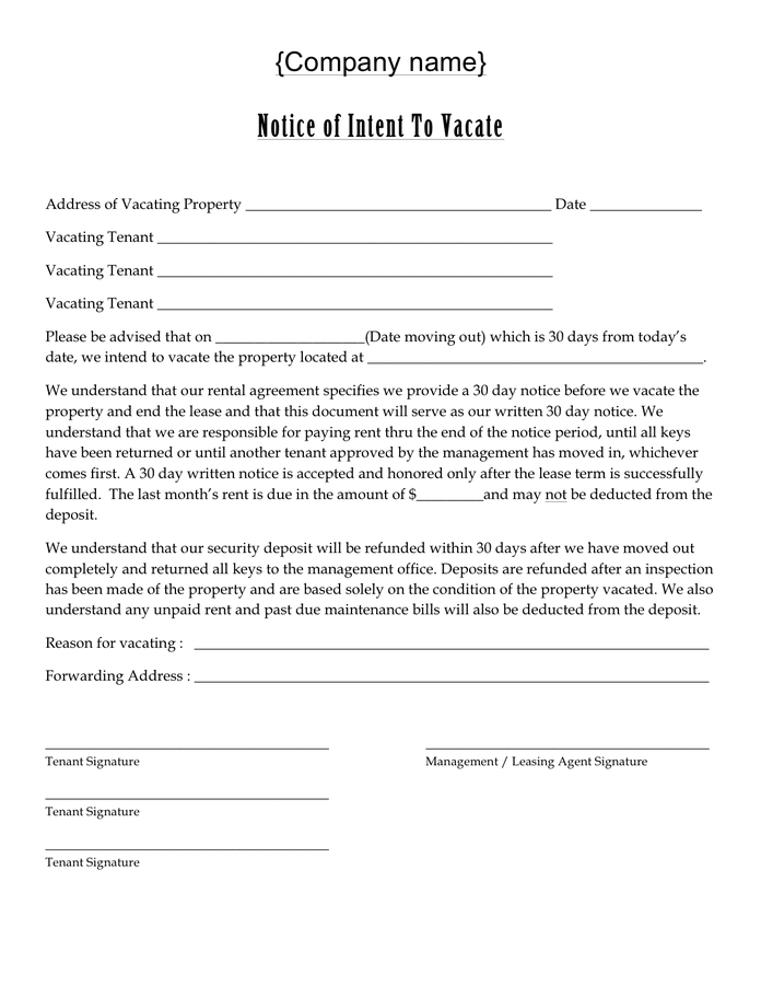 Notice of intent to vacate template page 1