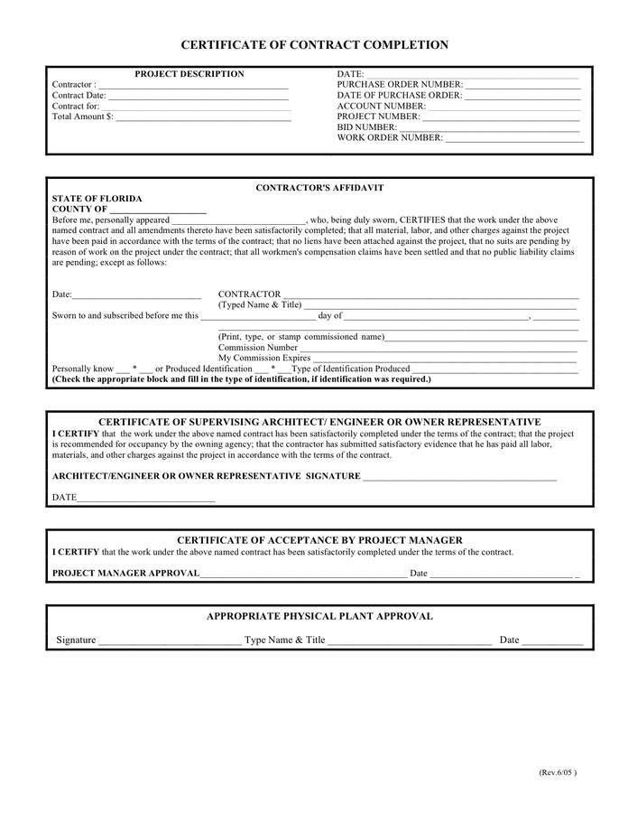 Certificate of contract completion template in Word and Pdf formats
