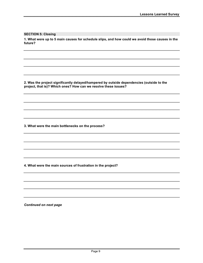 Lessons learned survey template in Word and Pdf formats - page 9 of 10