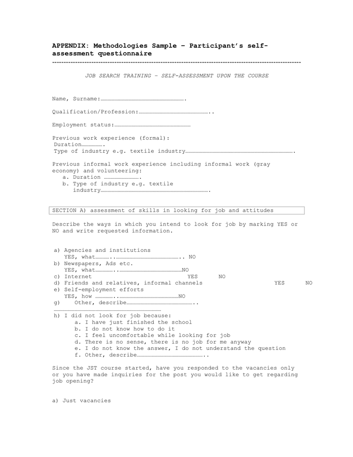 Participant S Self Assessment Questionnaire In Word And Pdf Formats