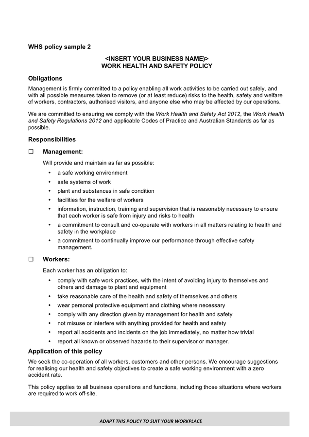 Work health and safety policy samples in Word and Pdf formats page 2 of 3