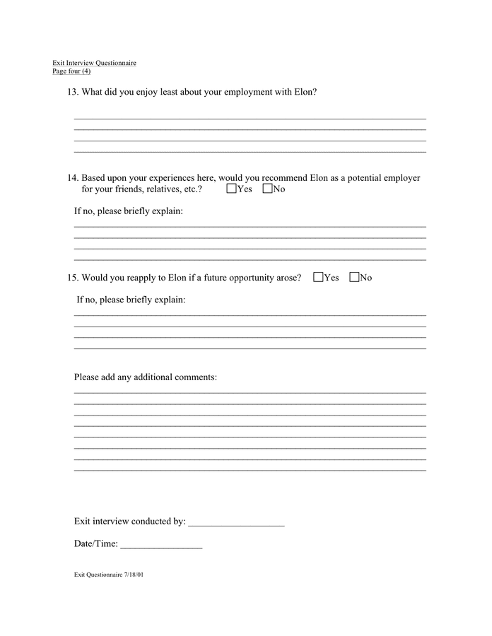 University exit interview questionnaire in Word and Pdf formats - page ...