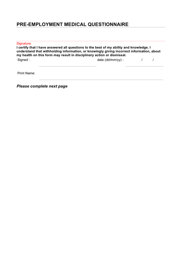 Preemployment medical questionnaire template in Word and Pdf formats
