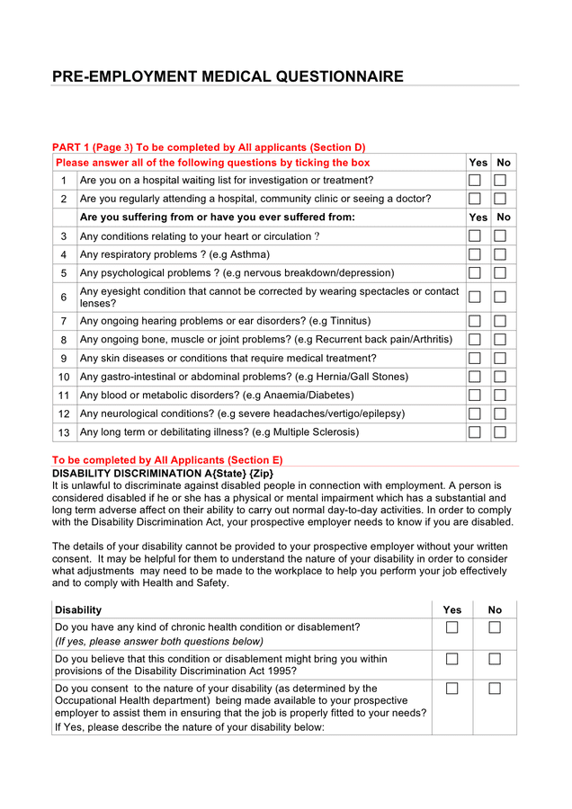 Pre Employment Medical Questionnaire Template In Word And Pdf Formats