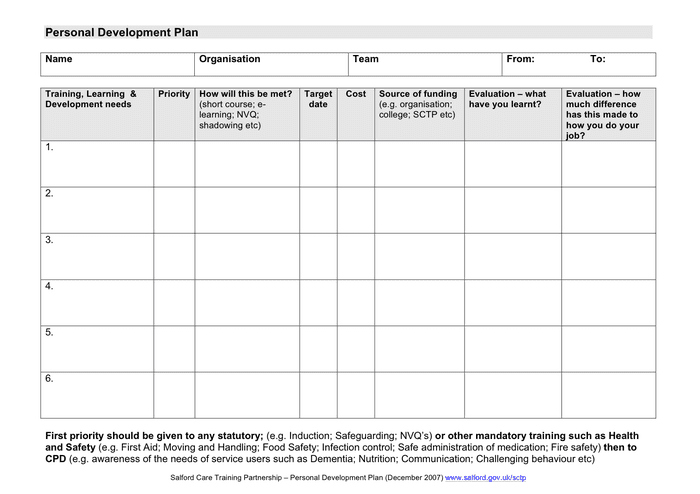 Personal development plan template in Word and Pdf formats