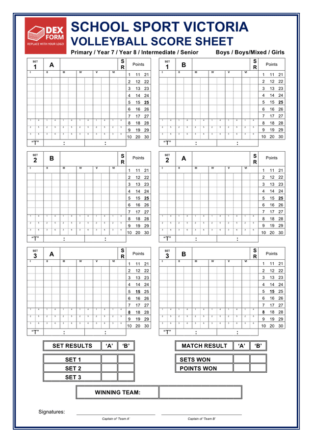 Volleyball score sheet form in Word and Pdf formats