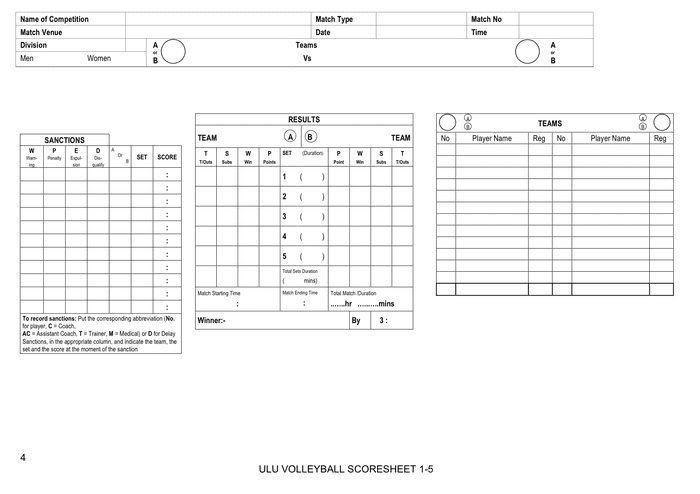 Volleyball Scoresheet Form In Word And Pdf Formats Page 4 Of 4 9432