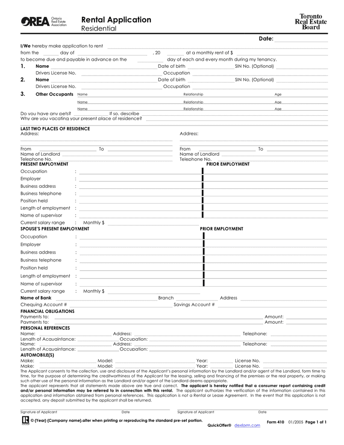 Residential Rental Application Template Canada In Word And Pdf Formats