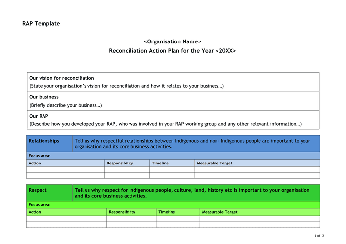 Reconciliation action plan template in Word and Pdf formats