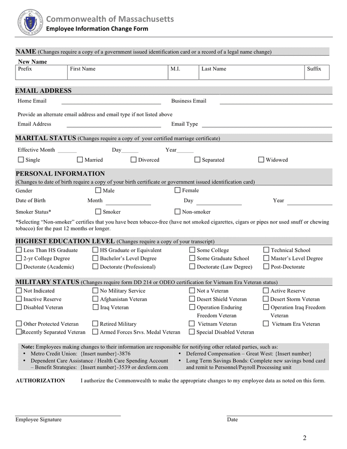 Employee information change form (Massachusetts) in Word and Pdf ...