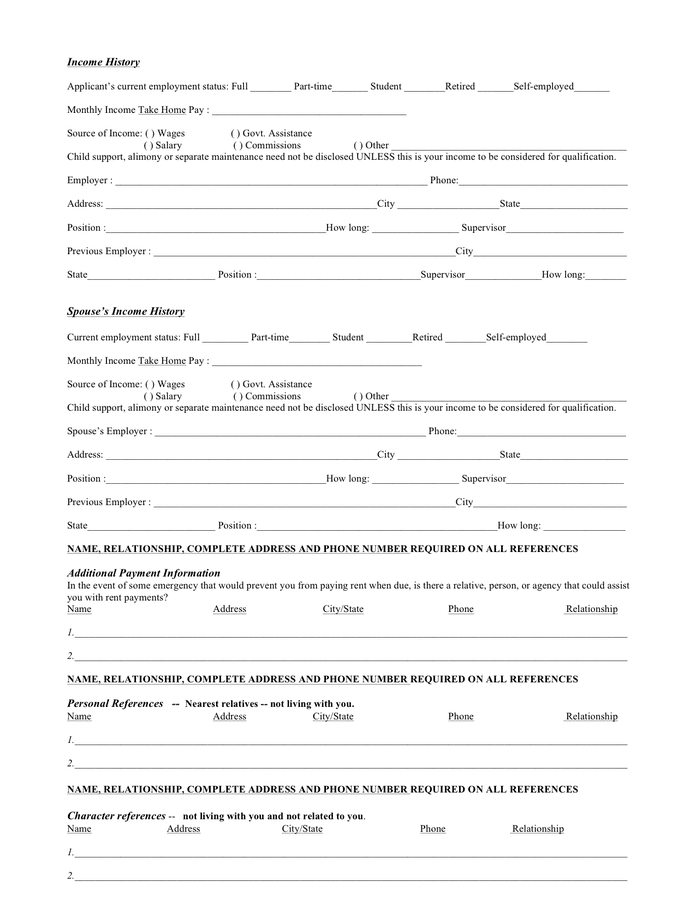 Rental application template in Word and Pdf formats - page 2 of 3