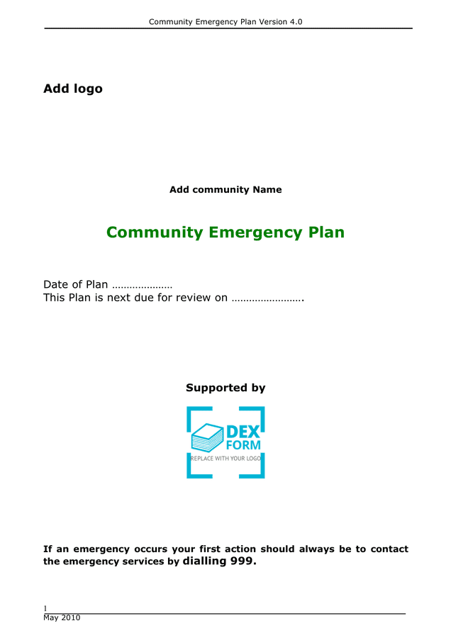 Community emergency plan template in Word and Pdf formats