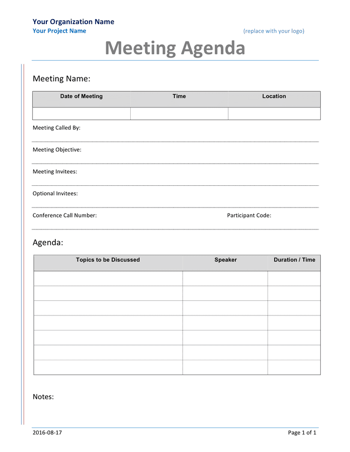 Meeting Agenda Form In Word And Pdf Formats