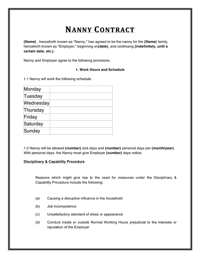 Nanny Contract Template download free documents for PDF, Word and Excel