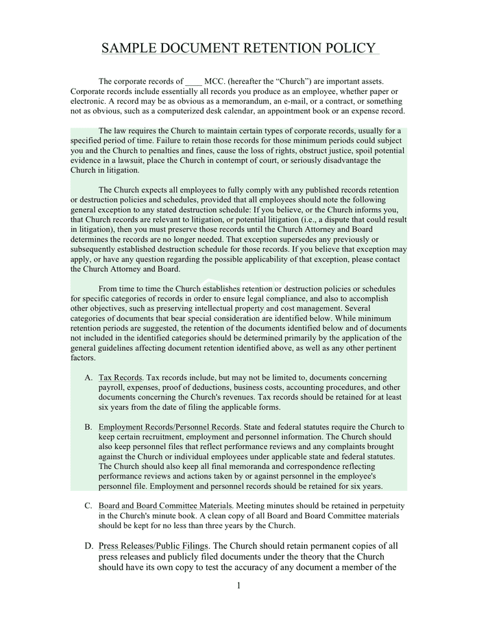Sample church document retention policy page 1