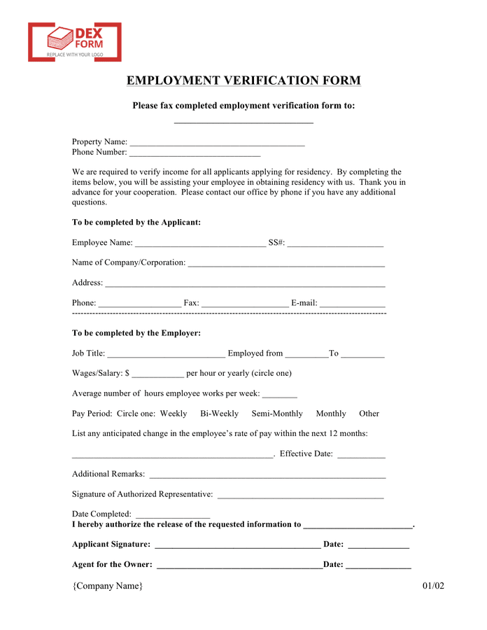 Employment verification form in Word and Pdf formats