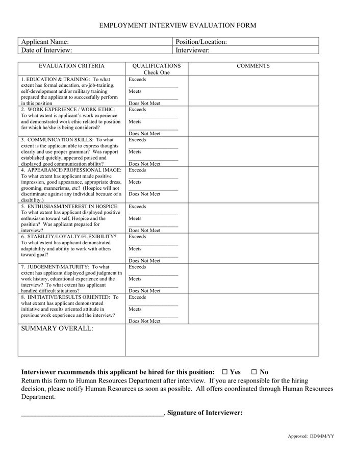 Employment interview evaluation form in Word and Pdf formats