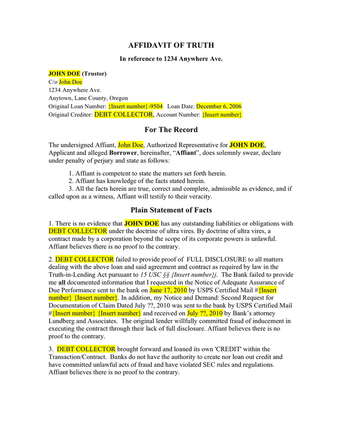 Affidavit of truth template page 1