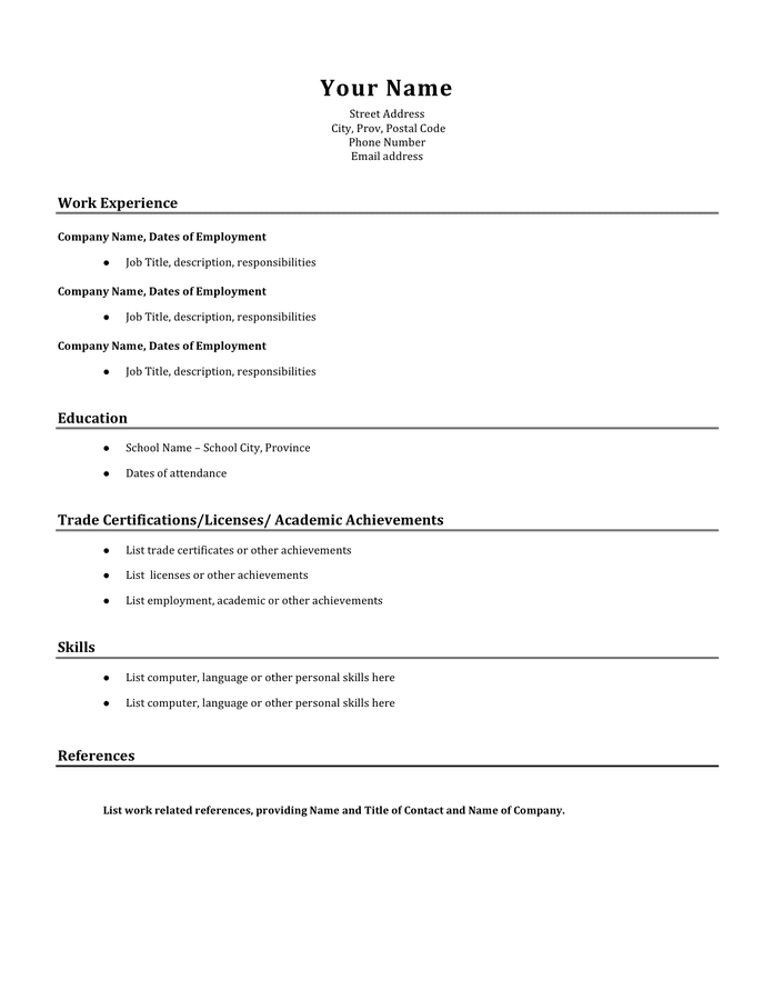 Basic resume template in Word and Pdf formats