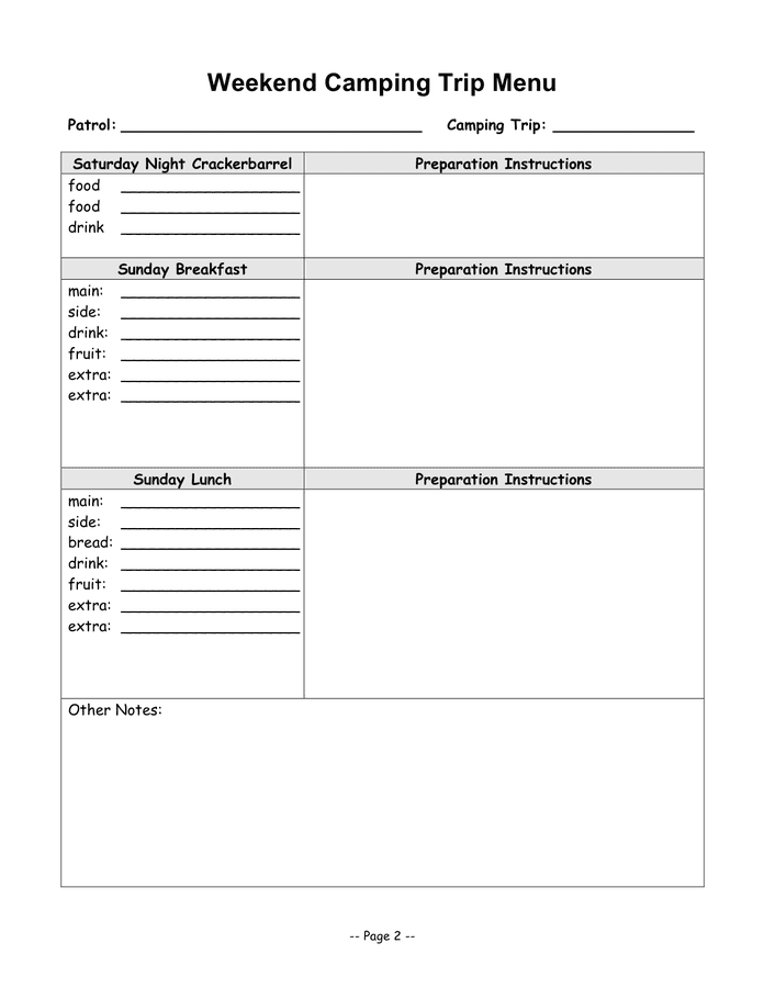 Weekend camping trip menu template in Word and Pdf formats - page 2 of 2