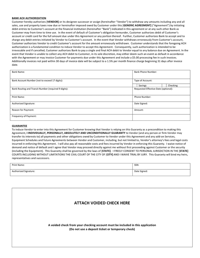 Printable Blank Ach Authorization Form Template 1330