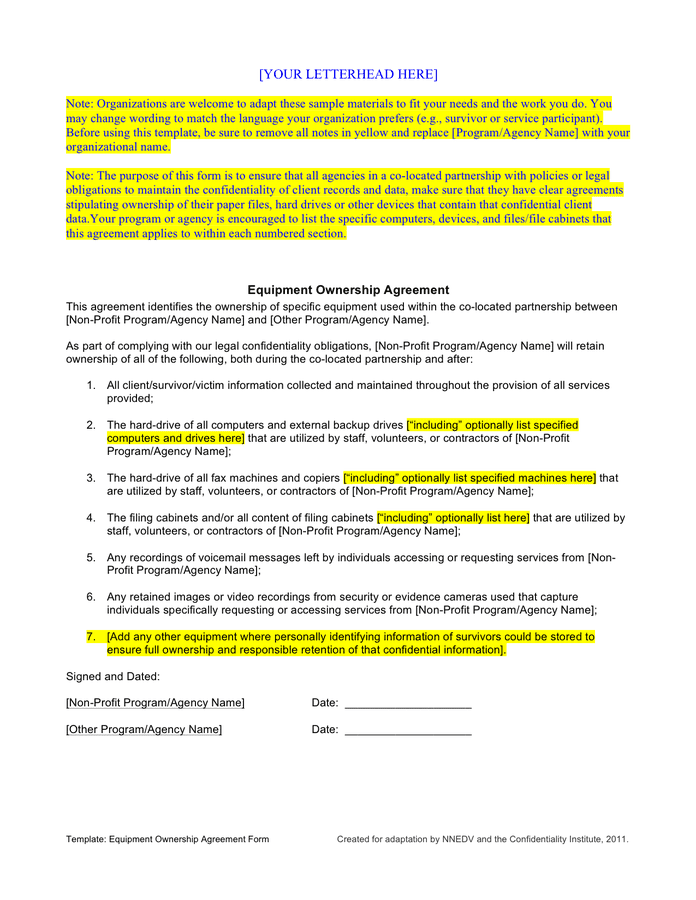 Equipment ownership agreement template in Word and Pdf formats