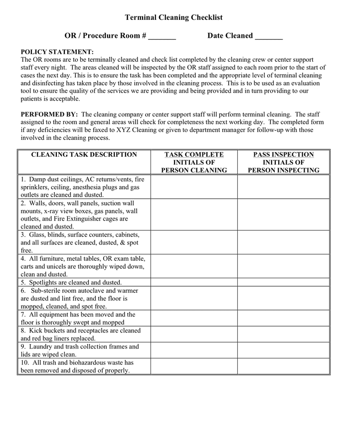 Terminal Cleaning Checklist In Word And Pdf Formats