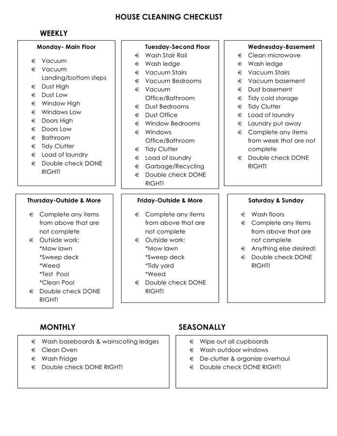 House Cleaning Checklist in Word and Pdf formats