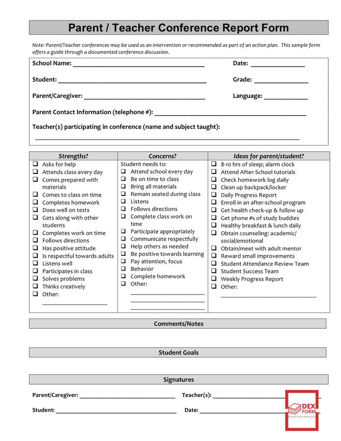 Parent Teacher Conference Report Form In Word And Pdf Formats