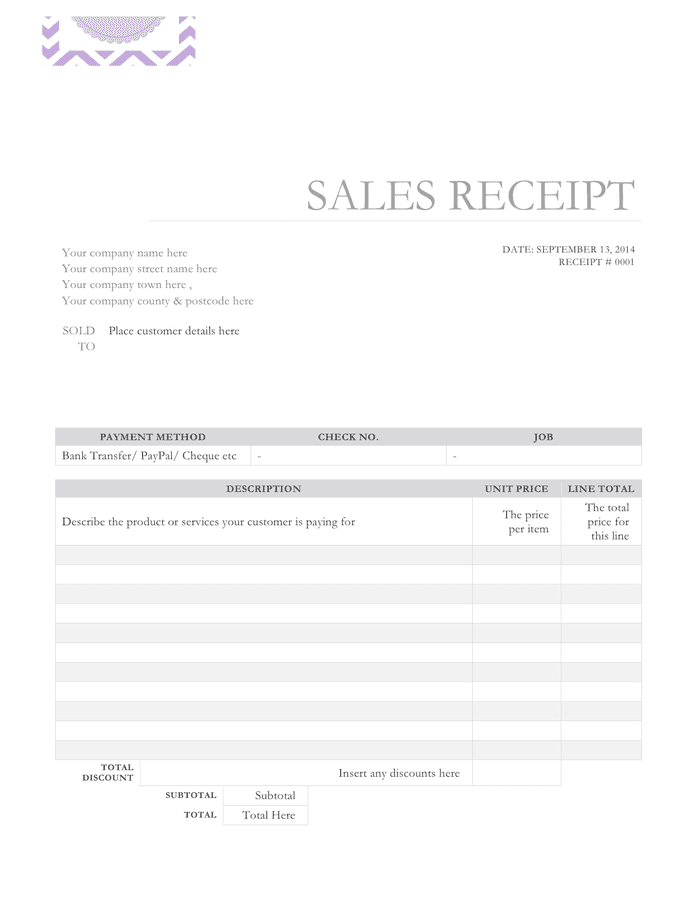 Sales receipt template in Word and Pdf formats