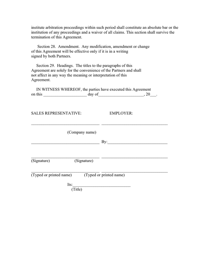 Sales representative employment agreement in Word and Pdf formats ...