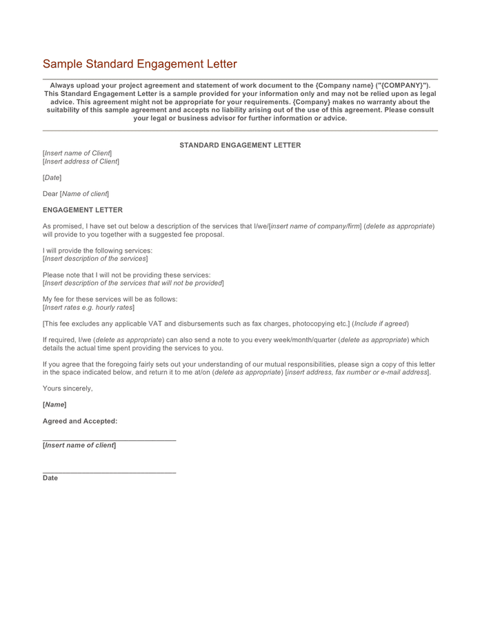 Sample Standard Engagement Letter In Word And Pdf Formats