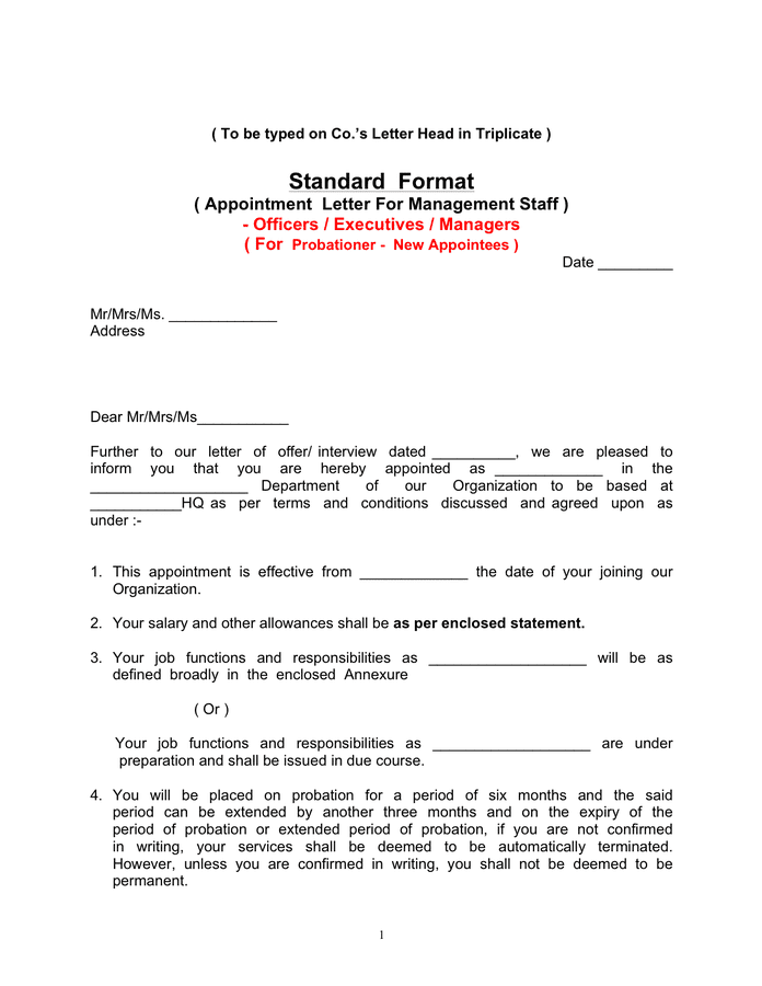 Appointment letter sample in Word and Pdf formats