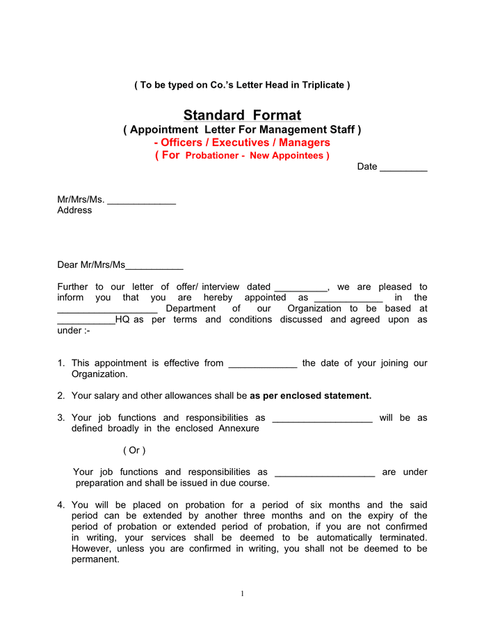 Letter Of Appointment Template Free Download