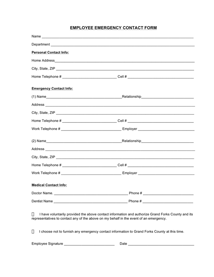 Employee emergency contact form in Word and Pdf formats