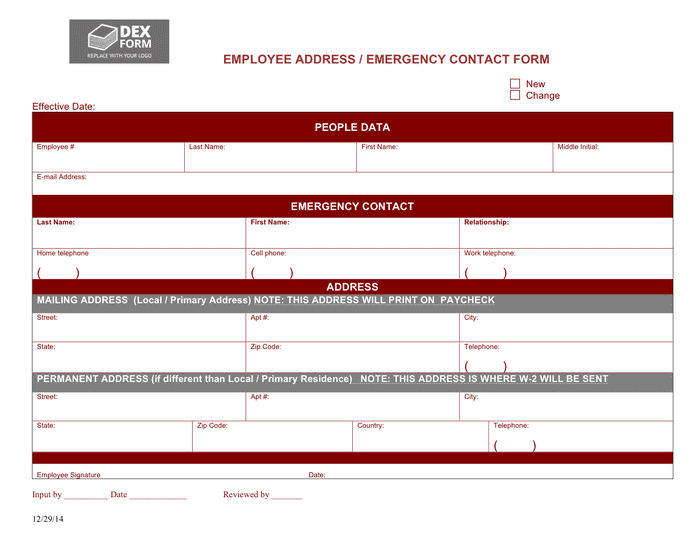 Employee Emergency Contact Form In Word And Pdf Formats