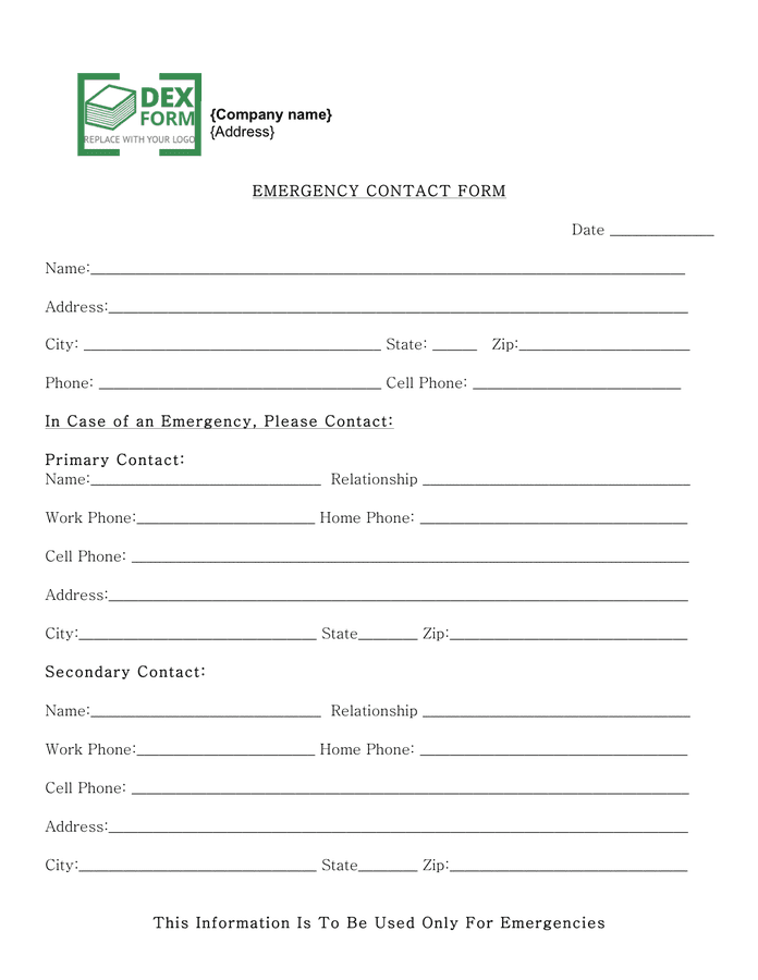 Emergency Contact Form - download free documents for PDF, Word and Excel