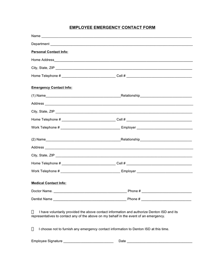 Employee And Emergency Contact Form In Word And Pdf Formats