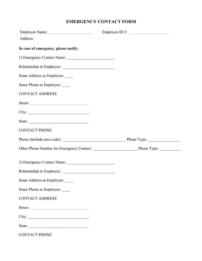 Emergency Contact Form download free documents for PDF, Word and Excel