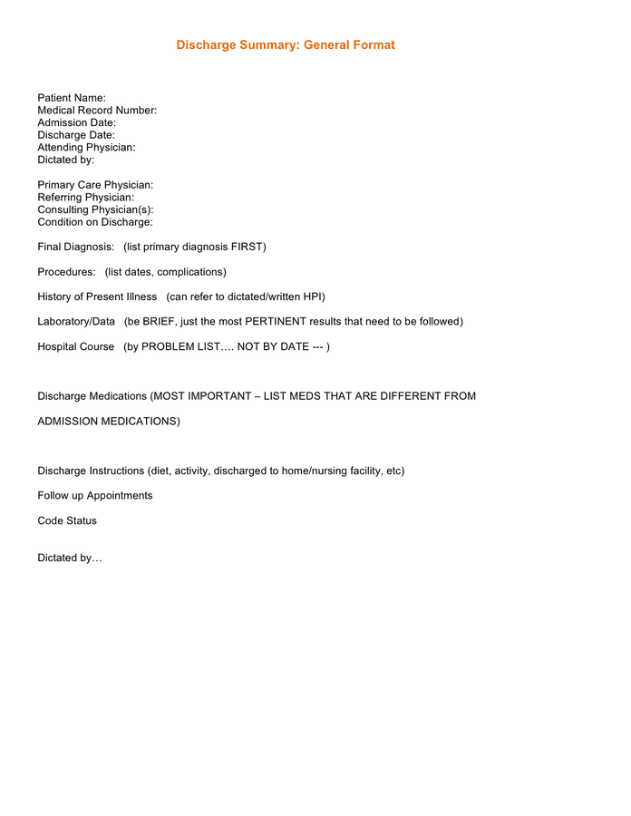 Discharge Summary Template In Word And Pdf Formats