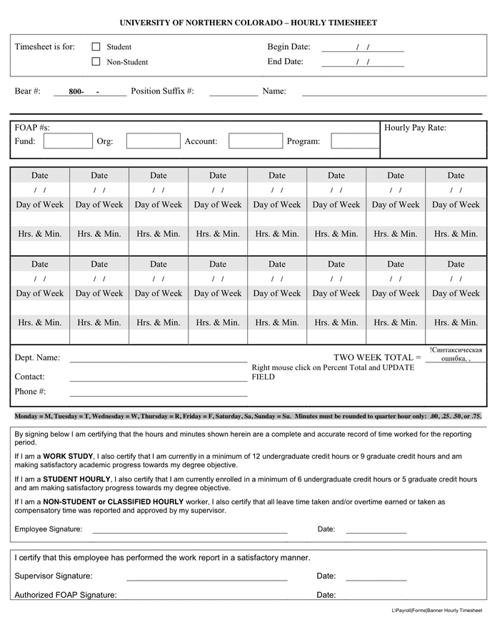 Hourly timesheet in Word and Pdf formats